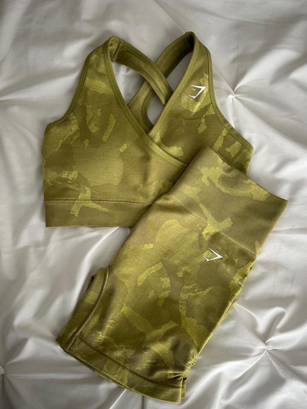Gymshark Olive Camo Seamless Cross-Back Sports Bra & Shorts